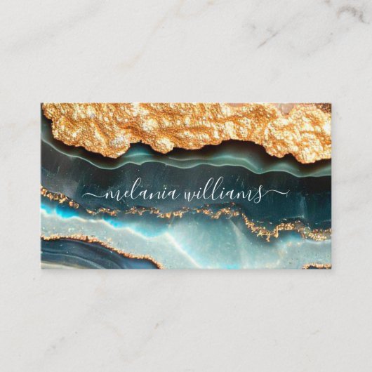 Carte De Visite Elégant or Turquoise Marbre Agate Géode QR Code (Devant)