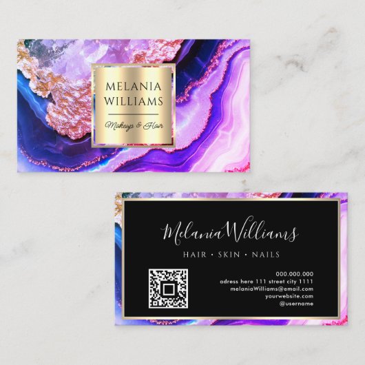 Carte De Visite Elégant or violet marbre Agate Géode QR Code (Devant / Derrière)