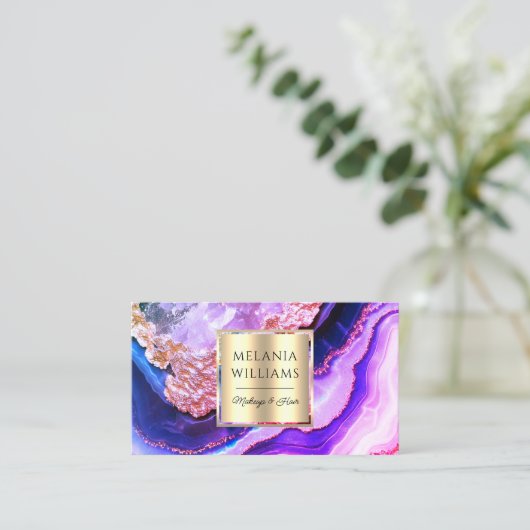 Carte De Visite Elégant or violet marbre Agate Géode QR Code (Debout devant)