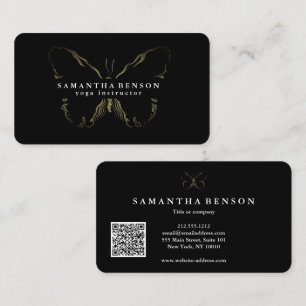 Carte De Visite Élégant papillon moderne code QR noir or script