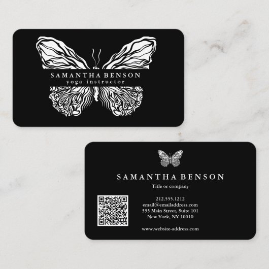 Carte De Visite Élégant papillon moderne code QR noir or script (Devant / Derrière)