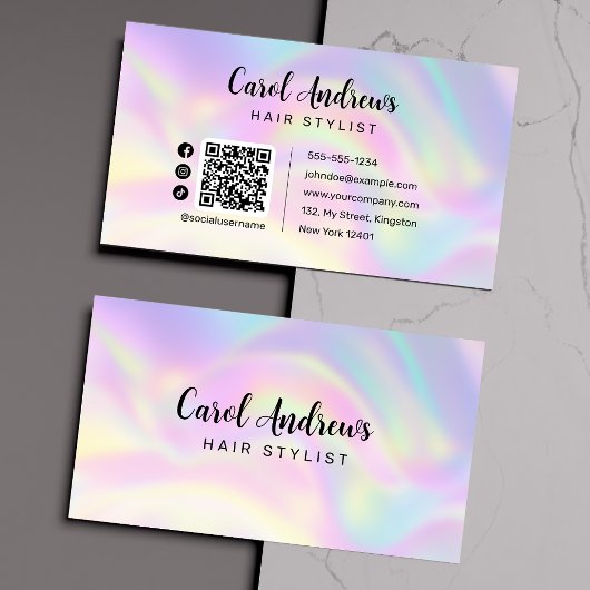 Carte De Visite Elégant Pastel Holographique Coiffeur QR Code