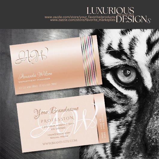 Carte De Visite Élégant Pastel Rose Coral Shimmer Stripes Monogram