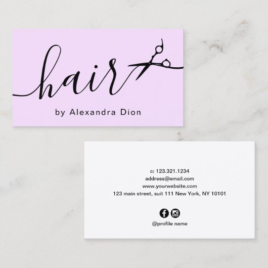 Carte De Visite Elégant pastel violet & ciseaux noir coiffeuse (Devant / Derrière)