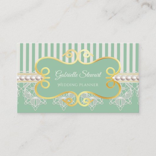 Carte De Visite Elégant Pearl et Lace Wedding planner vert doux (Devant)