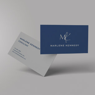 Carte De Visite Élégant Personnalisé Monogramme Argent Marine Bleu