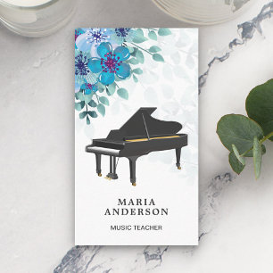 Carte De Visite Élégant Pianiste de Piano à Queue Floral Bleu