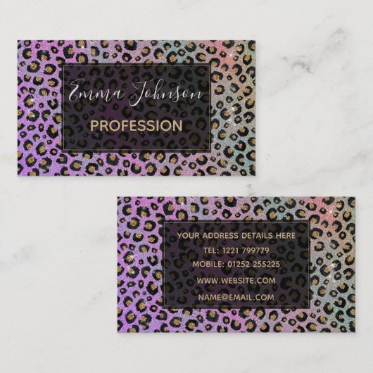 Carte De Visite Elegant Pink Blue Gold Glitter Black Leopard (Devant / Derrière)