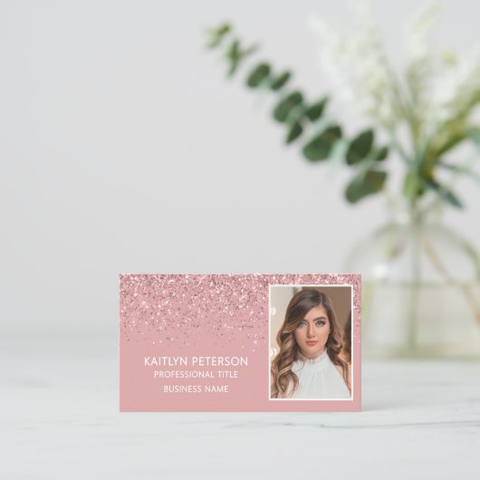 Carte De Visite Elegant Pink Glitter Photo QR Code (Debout devant)