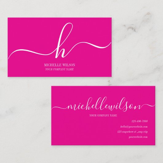 Carte De Visite Elegant Pink White Monogram Initial Script Name  (Devant / Derrière)