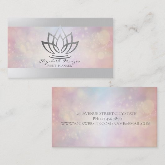 Carte De Visite Élégant professionnel moderne, Bokeh Silver Lotus (Devant / Derrière)