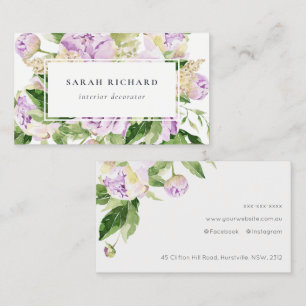 Carte De Visite Élégant Propre Violet Vert Aquarelle Pivoine Flora