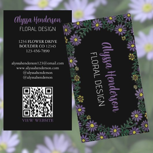Carte De Visite Elegant Purple & Yellow Floral QR Code Florist