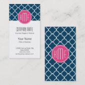 Carte De Visite Élégant Quatrefoil bleu de la marine avec monogram (Devant / Derrière)