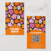 Carte De Visite Elégant Retro Orange QR Code Boho Super Floral (Devant / Derrière)