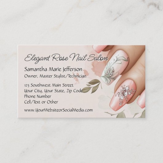 Carte De Visite Elégant Rose Blush Crystal Manicure Nail Salon (Devant)