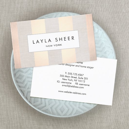 Carte De Visite Élégant Rose chic Gold Stripe de lin beige