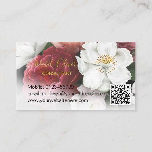 Carte De Visite Elégant Rose de Bourgogne moderne QR Code Or (Dos)