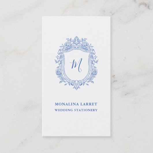 Carte De Visite Élégant Rose décoratif Crest Blue Monogramme (Devant)