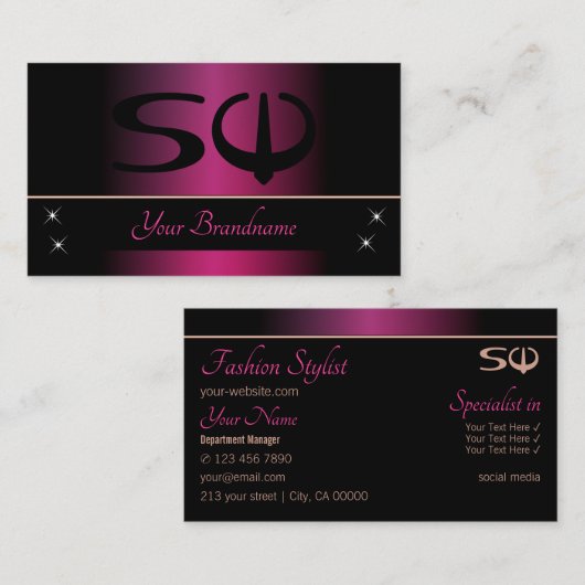 Carte De Visite Élégant rose et noir avec Initiales Professionnel (Devant / Derrière)
