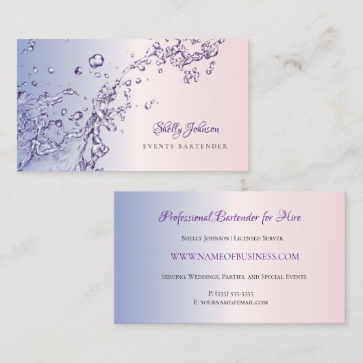 Carte De Visite Élégant rose et violet Splash Événements Bartender (Devant / Derrière)
