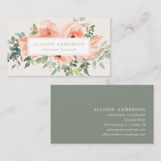 Carte De Visite Elégant rose floral et vert aquarelle (Devant / Derrière)