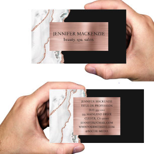 Carte De Visite Élégant Rose Gold Agate Luxe Noir et Blanc
