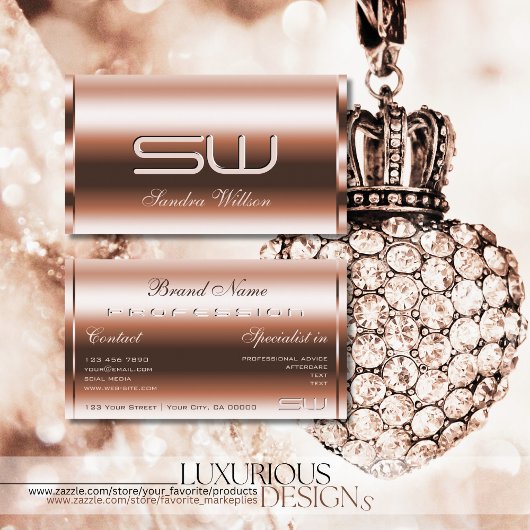 Carte De Visite Elégant Rose Gold Effet Faux 3D Optics Monogramme