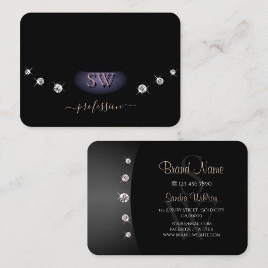 Carte De Visite Elégant Rose Gold et Noir Initiales Rhinestones (Devant / Derrière)