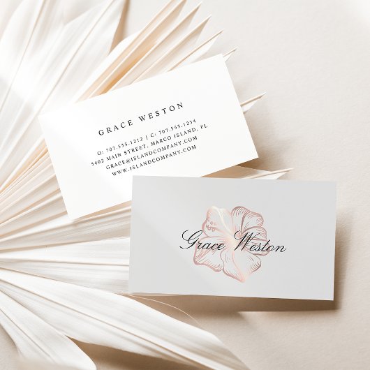 Carte De Visite Élégant Rose Gold Hibiscus Flower Script