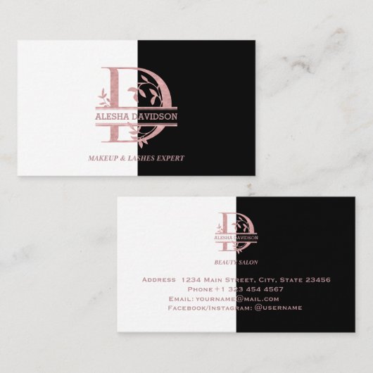 Carte De Visite Élégant Rose Gold Split Custom Monogramme Lettre D (Devant / Derrière)