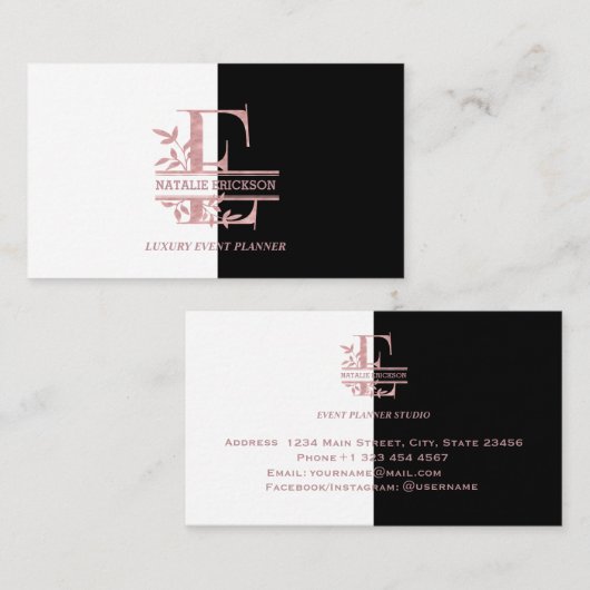 Carte De Visite Élégant Rose Gold Split Custom Monogramme Lettre E (Devant / Derrière)