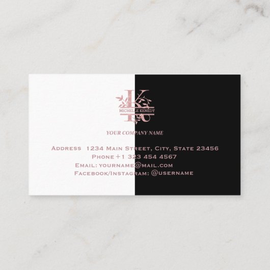 Carte De Visite Élégant Rose Gold Split Custom Monogramme Lettre K (Dos)