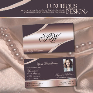 Carte De Visite Elégant Rose Lignes courbées or Monogramme et phot