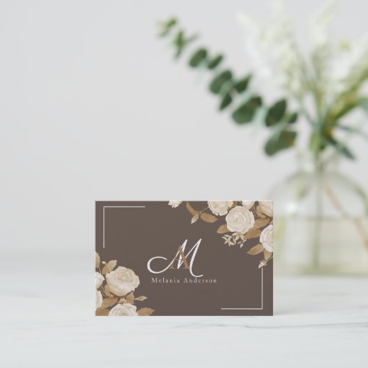 Carte De Visite Élégant Rose or Brown Monogramme (Debout devant)