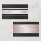 Carte De Visite Élégant rose rayures noir Monogramme professionnel (Devant / Derrière)