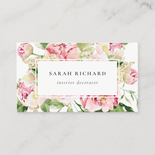 Carte De Visite Elégant rose rose vert Aquarelle Peony Floral (Devant)