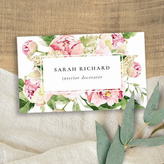 Carte De Visite Elégant rose rose vert Aquarelle Peony Floral