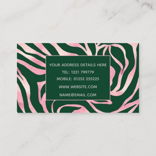Carte De Visite Elégant Rose vert Parties scintillant or Zebra (Dos)