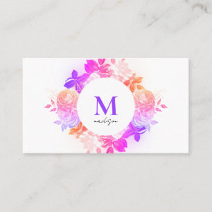 Carte De Visite Élégant rose violet monogramme floral QR Code