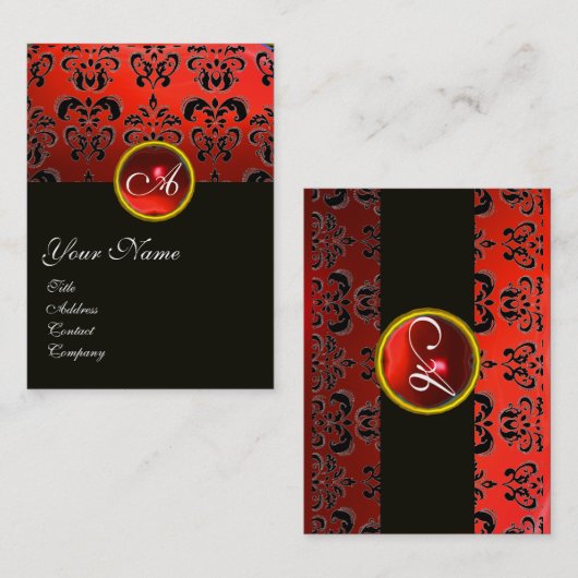 CARTE DE VISITE ÉLÉGANT ROUGE BLACK DAMASK RUBY GEMSTONE MONOGRAM (Devant / Derrière)