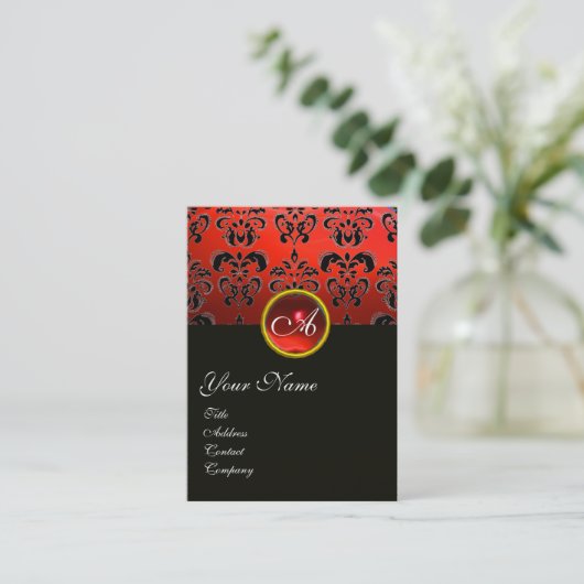 CARTE DE VISITE ÉLÉGANT ROUGE BLACK DAMASK RUBY GEMSTONE MONOGRAM (Debout devant)