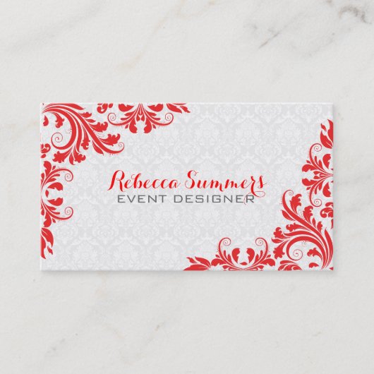 Carte De Visite Élégant rouge dentelle blanc Damas (Devant)