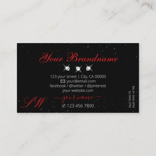 Carte De Visite Élégant Ruby Rouge noir brillant Diamants Monogram (Dos)