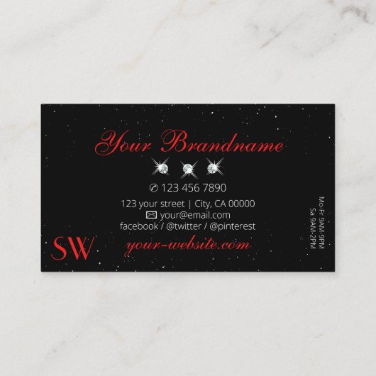 Carte De Visite Élégant Ruby Rouge Noir Étincelant Diamants Initia (Dos)