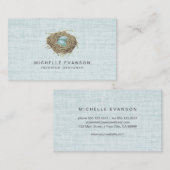 Carte De Visite Elegant Rustic Bird Nest Pastel Blue Linen (Devant / Derrière)