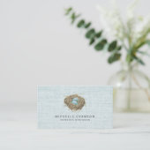 Carte De Visite Elegant Rustic Bird Nest Pastel Blue Linen (Debout devant)