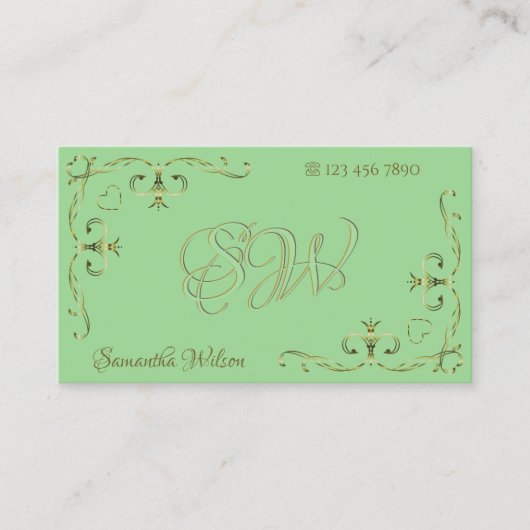 Carte De Visite Elégant Sage Green Golden Ornate Corners Initiales (Devant)