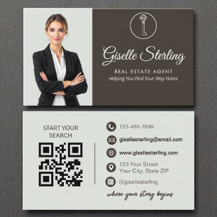 Carte De Visite Elegant Sage Green Photo Agent immobilier QR Code