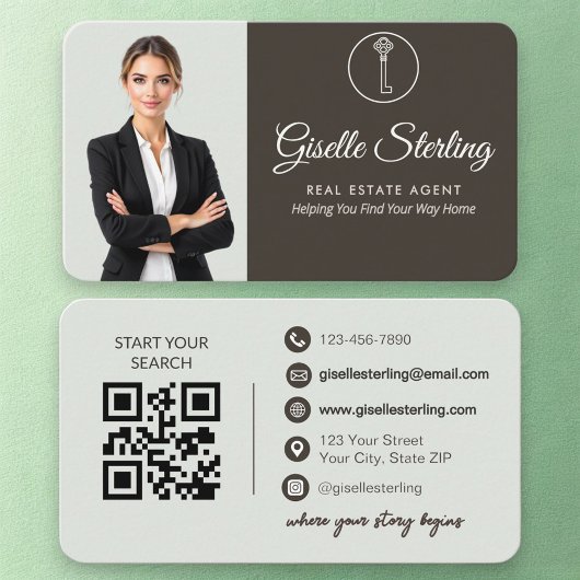 Carte De Visite Elegant Sage Green Photo Real Estate Agent QR Code